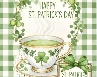 Cartão de Dia de São Patrício com Xícara de Chá Vintage em Formato de Trevo (Download Digital)