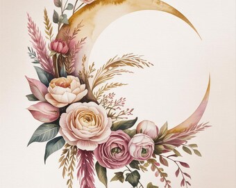 Boho Moon Floral Card Set Printable, Celestial Crescent Moon Digital Download,