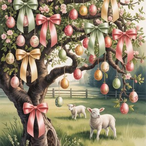 Può includere: Illustrazione ad acquerello di un albero decorato con uova di Pasqua e fiocchi nei toni del rosa, verde e oro. Due agnelli pascolano in primo piano erboso. Una recinzione e un campo sono sullo sfondo.