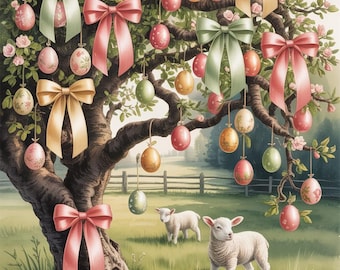 Cartões de Páscoa rústicos em estilo cottagecore com árvore de ovos - Download digital de Páscoa em fazenda com cordeiro em aquarela na primavera