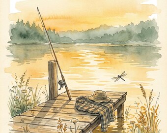 Father’s Day Fishing Card Printable, Rustic Lake Dad Digital Download, Grandpa Fishing Greeting,