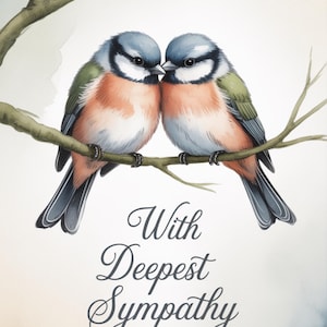 May include: Watercolor illustration of two blue and orange birds perched on a branch, touching beaks. The birds are set against a soft, neutral background. The text "With Deepest Sympathy" is written in elegant script below the birds.