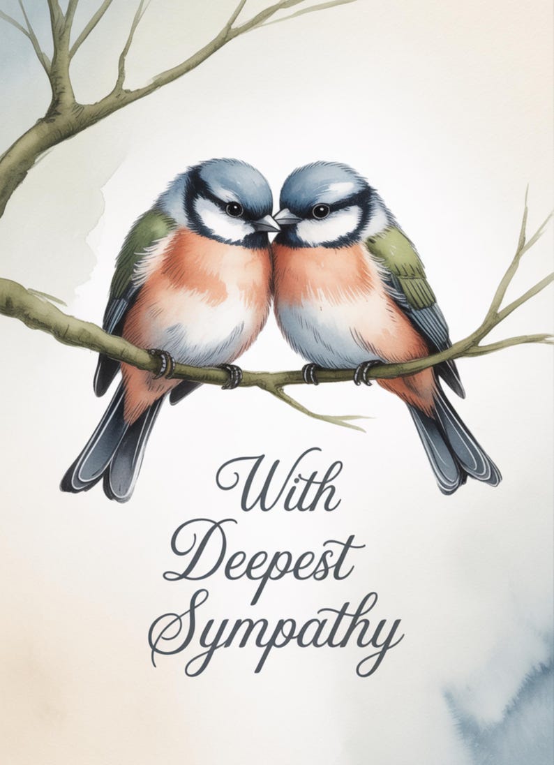 May include: Watercolor illustration of two blue and orange birds perched on a branch, touching beaks. The birds are set against a soft, neutral background. The text "With Deepest Sympathy" is written in elegant script below the birds.