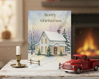 Cartão de Natal Vintage com Casa de Campo | Chalé de Inverno Tranquilo | Cartão de Natal para Imprimir