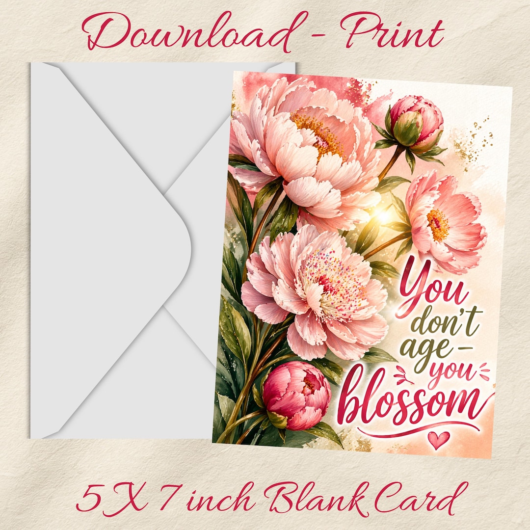 Floral Peony Birthday Card for Her Printable, Elegant Peony Greeting ...