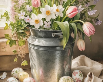 Cartões de Páscoa rústicos para imprimir em estilo casa de campo – Tulipas e Narcisos em estilo Cottagecore (Download Digital)