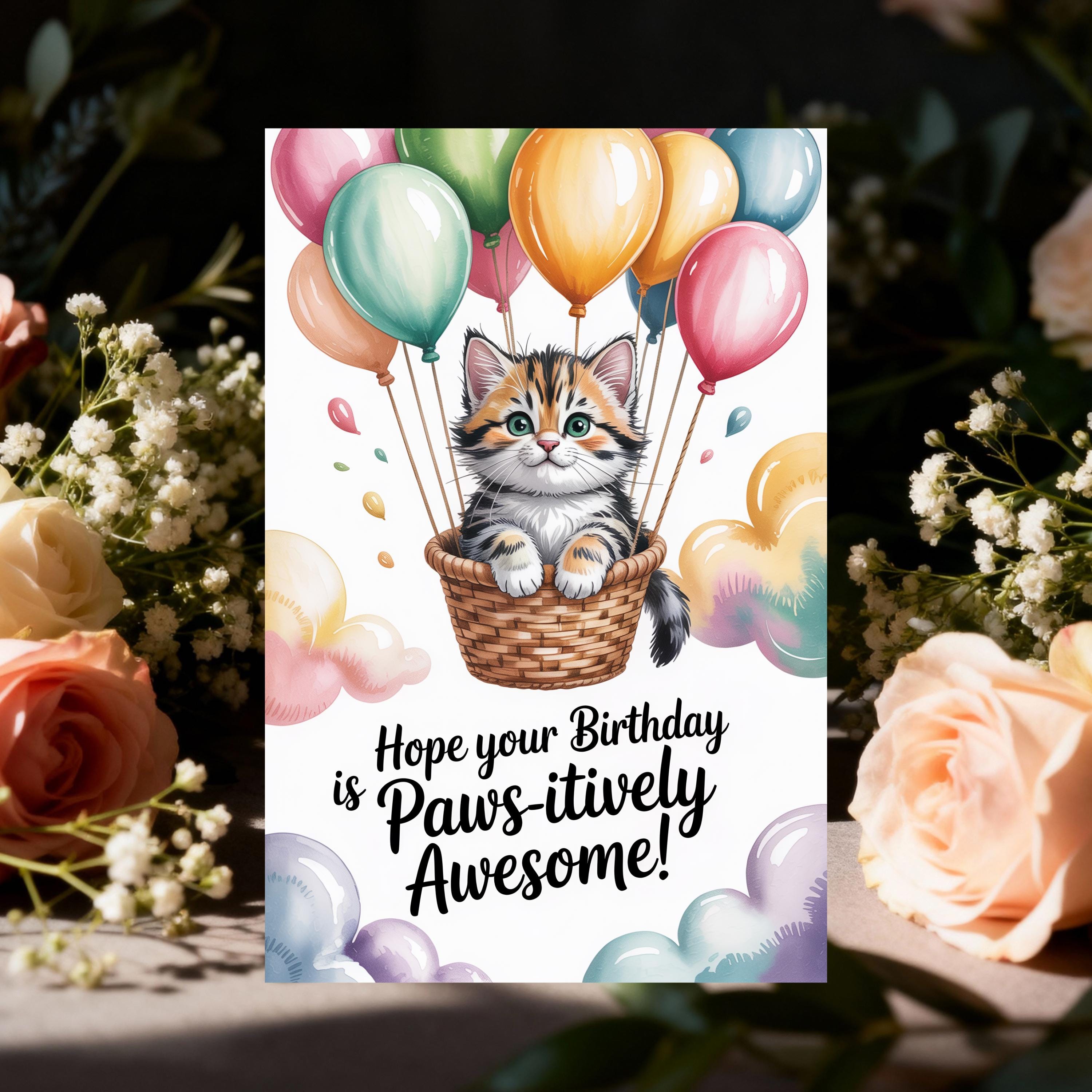 Kitten Birthday Card Printable | Cat With Balloons (digital Download ...