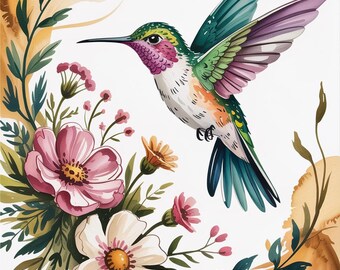 Watercolor Hummingbird Card Printable Set, Floral Boho Greeting Digital Download,