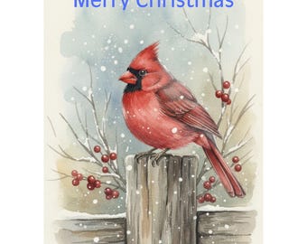 Cartão de Natal com Cardeal para Imprimir – Arte em Aquarela – Download de Cartão de Boas Festas de Inverno Rústico