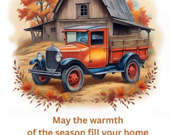 Cartão de felicitações imprimível com tema de fazenda de outono – Cartão vintage com caminhão e celeiro – Estilo campestre aconchegante para a estação.
