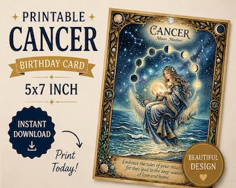 Biglietto di auguri di compleanno stampabile con segno zodiacale Cancro 5x7, Luna Madre Astrologia Download immediato,