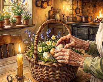 Cartão de Páscoa Cottagecore para Imprimir – Cesta de Páscoa Aconchegante para Cozinha de Fazenda (Download Digital)