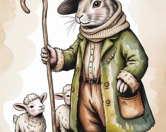 Cottagecore Easter Bunny Printable, Vintage Farm Rabbit Card Set, Spring Bunny Greeting Download