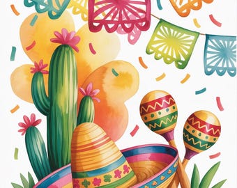 Pacote para impressão de cartão Cinco de Mayo, download digital de cartões de festa Fiesta Cactus e Sombrero,