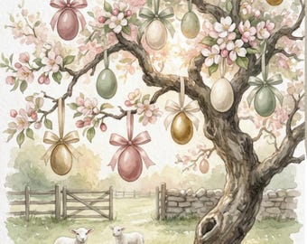 Cartões de Páscoa Cottagecore com Árvore de Ovos – Cordeirinhos em Aquarela, Cena Rústica de Primavera (Download Digital 5x7)