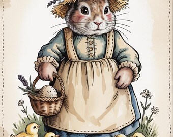 Pacote de Cartões de Páscoa Vintage com Coelho da Páscoa para Imprimir, Animais Rústicos de Fazenda para Download Digital