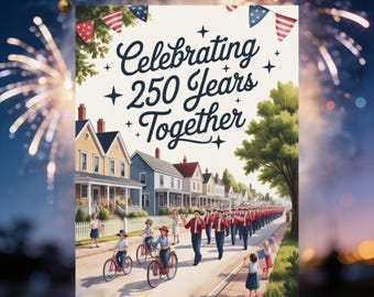 Cartão comemorativo dos 250 anos dos Estados Unidos para imprimir, download digital para o Quatro de Julho de 2026, saudação patriótica.