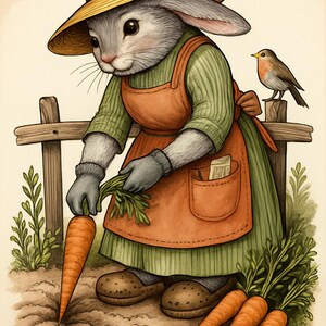 May include: An illustration of a rabbit wearing a straw hat, apron, and gloves, harvesting carrots in a garden. A small bird perches on a wooden fence post. The rabbit is dressed in green and orange, with a neutral background.