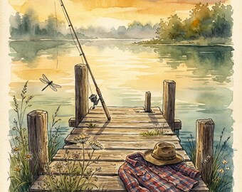 Rustic Grandpa Fishing Dock Card Printable, Grandfathers Day Peaceful Lake Digital Download,
