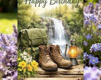 Cartão de Aniversário de Primavera para Imprimir | Aventura ao Ar Livre | Caminhada na Natureza | Download Digital | Cachoeira Rústica na Montanha