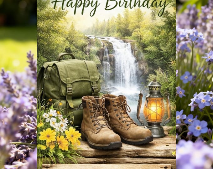 Featured listing image: Happy Birthday Spring Card Printable | Outdoor Adventure | Nature Hiking Digital Download | Rustic Mountain Waterfall