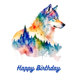 Può includere: Illustrazione ad acquerello di un lupo con un motivo di pelliccia colorato, simile all'arcobaleno. Il corpo del lupo è sovrapposto a un paesaggio di alberi e nuvole. Le parole "Happy Birthday" sono scritte in blu in basso.