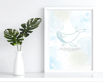 Lámina artística con el versículo bíblico de Jonás y la ballena, decoración cristiana para el hogar (descarga digital)