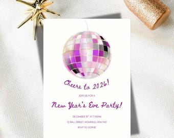 May include: A New Year's Eve party invitation with a disco ball graphic in shades of purple, gray, and white. The invitation includes the text "Cheers to 2026!" and event details. A gold star ornament and a glittery gold bottle are also visible.