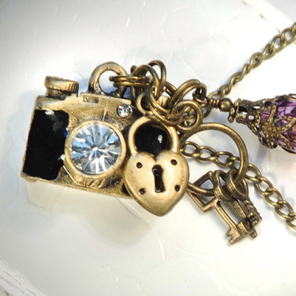 Camera Locket, Camera Necklace, Photographer, Photography, brass camera, camera flower, camera charm, charm necklace