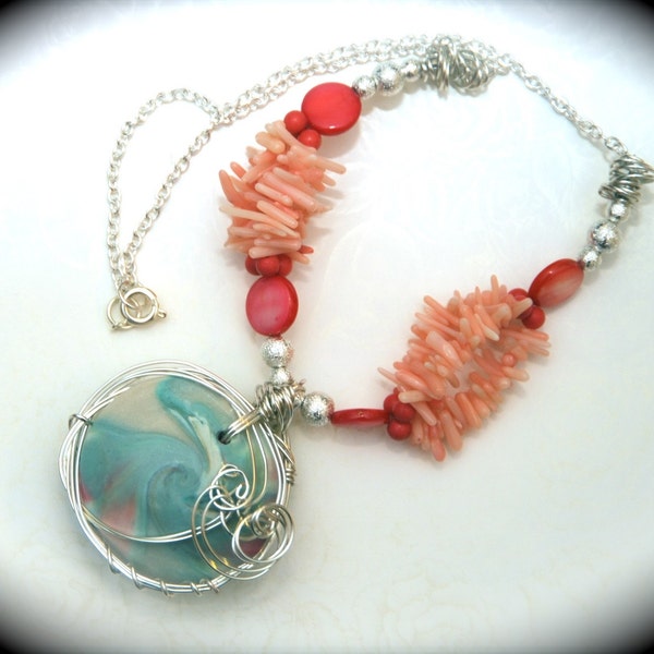 Gentle Waves - Coral and Silver Necklace OOAK