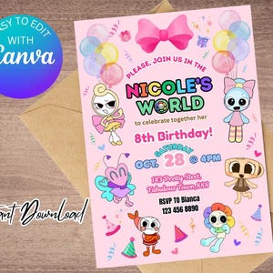 May include: A pink birthday party invitation with the text "Nicole's World" and cartoon characters. The invitation includes the date, time, and location of the party. The words "Easy to Edit with Canva" are also visible.