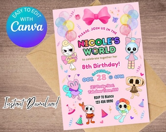 Invitación de cumpleaños de Dandys World para niñas: Plantilla editable de Canva (descarga digital)
