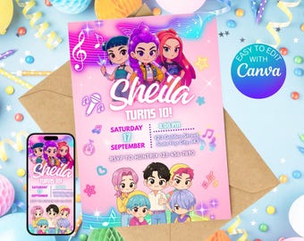 Invitación de cumpleaños de Demon Hunter de K-Pop / Plantilla editable de Canva / Invitación de anime de K-pop / Descarga digital / Tarjeta de cumpleaños imprimible para niños