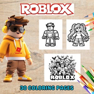 May include: A Roblox-themed coloring book set with 30 pages. The image features a yellow-clad Roblox character figurine, coloring pages, colored pencils, and the Roblox logo. The text "30 COLORING PAGES" is displayed at the bottom.