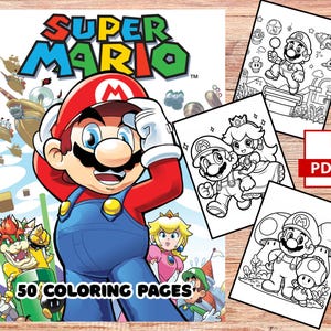 Könnte beinhalten: Ein Super Mario Malbuch mit dem Titel in leuchtenden Farben und der Figur Mario auf dem Cover. Das Buch wird von drei Schwarz-Weiß-Malvorlagen mit Mario und anderen Charakteren begleitet. Auf dem Cover steht "50 Coloring Pages".