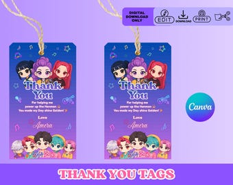 Etiquetas de agradecimiento para bolsas de regalos de fiesta temática de Cazador de Demonios Kpop: Huntrix Saja Boys