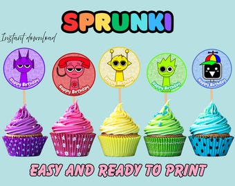 Adornos para cupcakes Sprunki: 24 decoraciones imprimibles para tartas (descarga digital) PDF y PNG