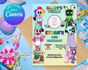Invitación de cumpleaños de Dandy's World: Plantilla editable de Canva (descarga digital)