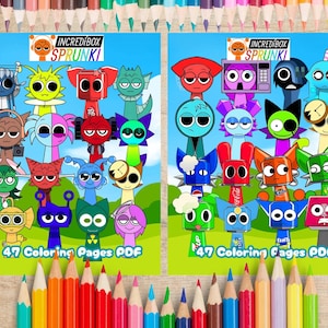 Op de afbeelding: Twee kleurrijke digitale kunstprints met cartoonfiguren in verschillende vormen en kleuren. De prints bevatten de tekst "INCREDIBOX SPRUNKI" en "47 Coloring Pages PDF". Onderaan staat een verzameling kleurpotloden.
