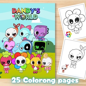 以下が含まれることがあります： 「Dandy's World」というタイトルの塗り絵本。漫画のキャラクターと「25 Coloring pages」というテキストが描かれています。花やキャラクターのデザインが施された2つの塗り絵ページも表示されています。表紙にはカラフルな漫画のキャラクターが描かれています。