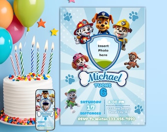 Plantilla editable de invitación de cumpleaños con temática de cachorros / Cumpleaños de la Patrulla Cachorros para niños y niñas / Invitación imprimible para fiesta infantil / Descarga instantánea