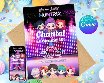 Invitación de cumpleaños de Demon Hunter de K-Pop / Plantilla editable de Canva / Invitación de anime de K-pop / Descarga digital / Tarjeta de cumpleaños imprimible para niños