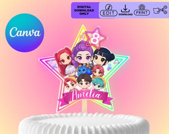 Adorno para tarta de cazadores de demonios Kpop editable, decoración para tarta de cumpleaños de Huntrix K-pop, adorno para tarta de anime K-pop, decoración para tarta de chicas imprimible