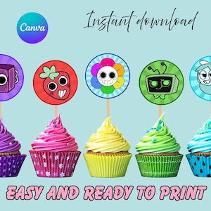 May include: A digital image featuring five cupcakes with colorful frosting and decorative toppers. Each cupcake has a unique design, including a camera, strawberry, flower, TV, and ghost. The image includes the text "Instant download" and "Easy and ready to print."