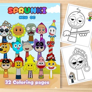 May include: A children's coloring book with the title "SPRUNKI NEW OC" and the text "32 Coloring pages". The cover features cartoon characters. Two coloring pages are visible, featuring line drawings of characters.
