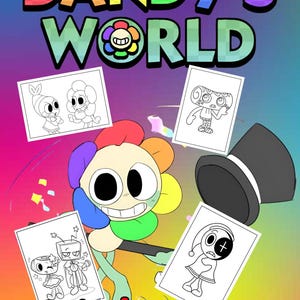 Könnte beinhalten: Farbenfrohe Illustration, die "Dandy's World" Malvorlagen bewirbt. Das Bild zeigt eine blütenartige Figur, die Malvorlagen mit verschiedenen Zeichentrickfiguren hält. Der Text "DANDY'S WORLD" und "Coloring pages" sind deutlich zu sehen.