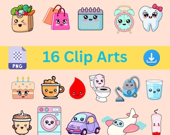 Elementos esenciales para scrapbooking kawaii / 16 lindas pegatinas digitales / Clipart de planificador para diarios, scrapbooking y materiales imprimibles