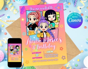 Invitación de cumpleaños de Demon Hunter de K-Pop / Plantilla editable de Canva / Invitación de anime de K-pop / Descarga digital / Tarjeta de cumpleaños imprimible para niños