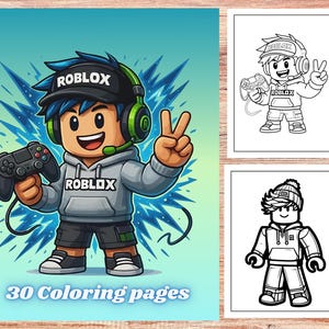 Könnte beinhalten: Bunte Illustration einer Roblox-Figur, die einen Gamecontroller hält und ein Friedenszeichen macht. Die Figur trägt eine schwarze Kappe, einen grauen Kapuzenpullover und grüne Kopfhörer. Der Text "30 Coloring pages" ist enthalten.