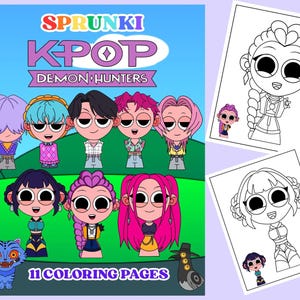 Op de afbeelding: Een K-Pop Demon Hunters kleurboek met 11 pagina's. De omslag toont stripfiguren met verschillende haarkleuren en -stijlen. Extra kleurplaten worden rechts getoond. Het Sprunki-logo staat bovenaan.